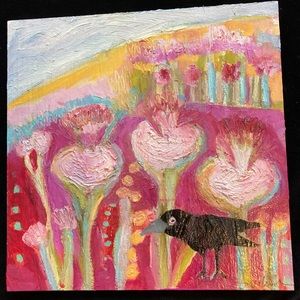 The Scarlet Forrest 2 ”An Original  Oil  Painting  12”x12 Crow on  Birchwood